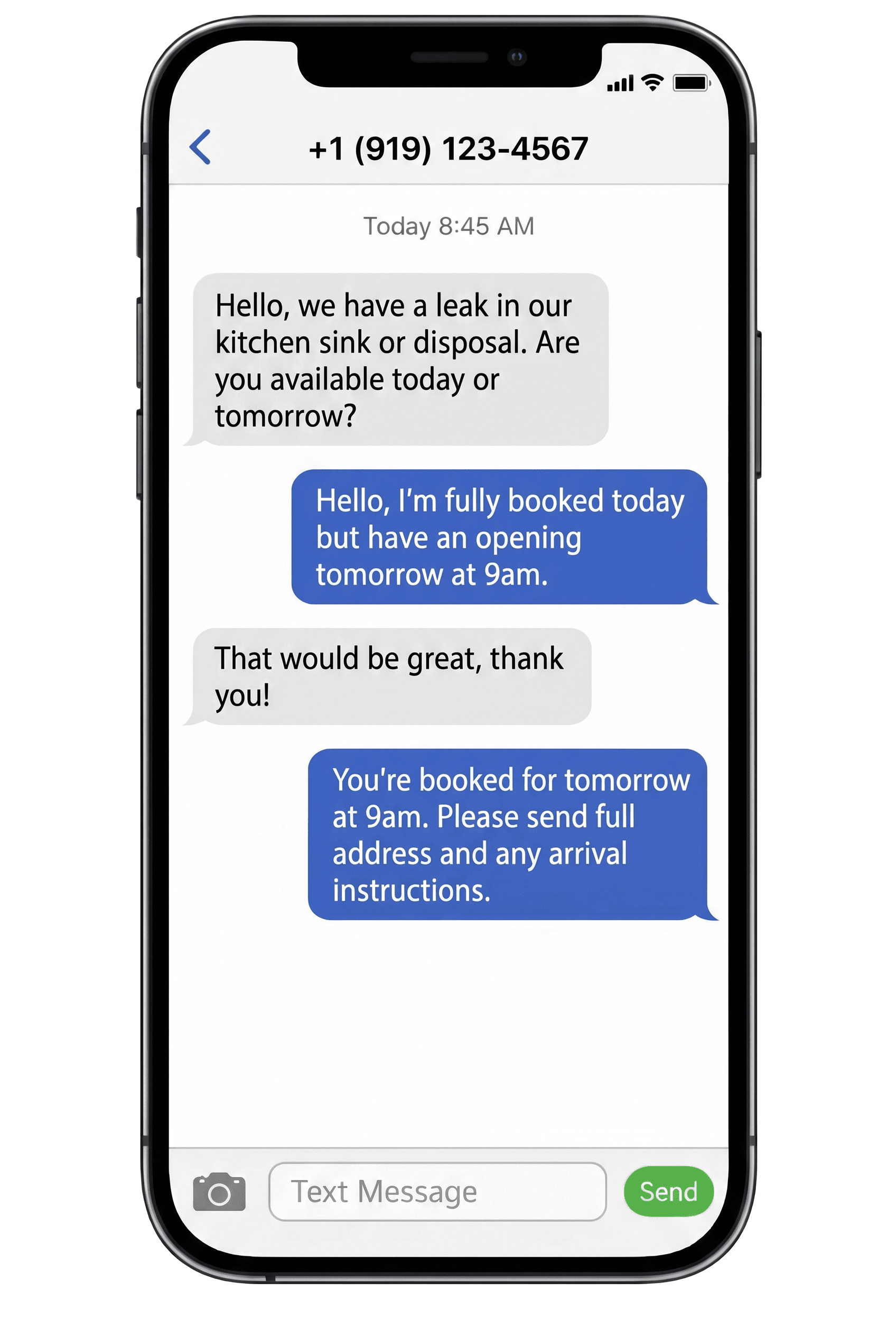 Sentry Plumbing SMS conversation on iPhone